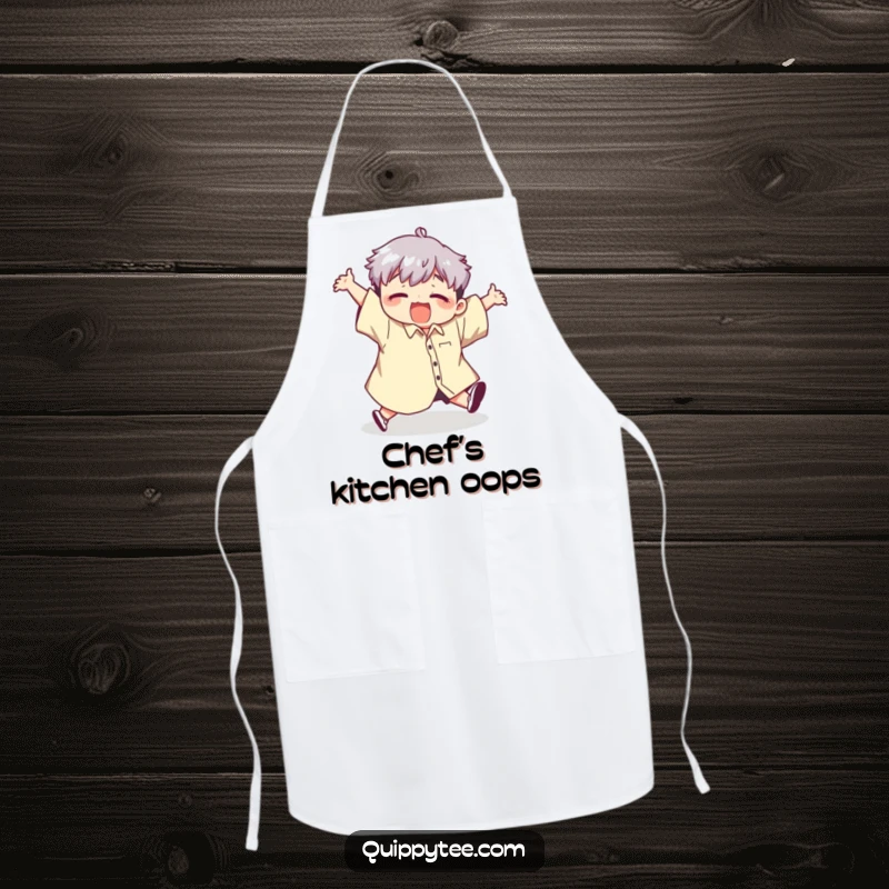 Funny apron depicting a cute kawaii character comically tripping while wearing a giant shirt, perfect for kitchen activities and humorous moments.