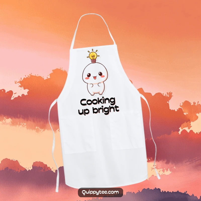 Funny apron featuring a cute kawaii character with a glowing lightbulb, perfect for inspiring kitchen creativity.