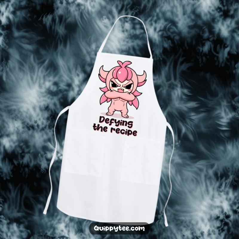 Funny apron with a cute Kawaii character standing defiantly with arms crossed, ideal for a cook with a strong, adorable personality.