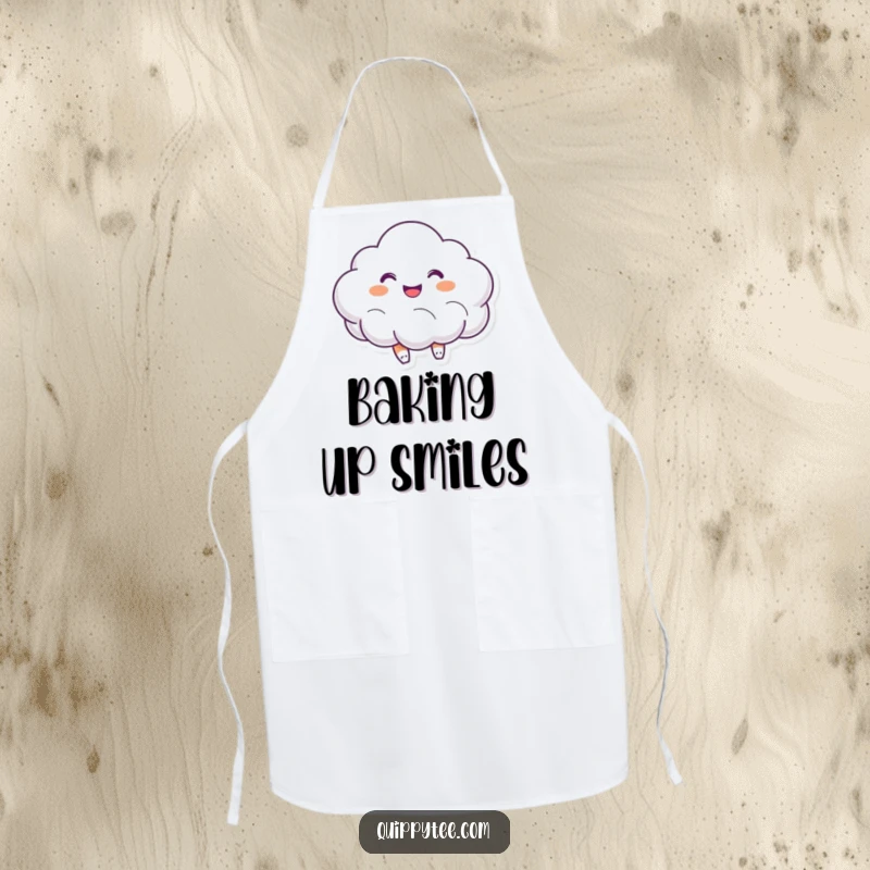 Funny apron adorned with a smiling cloud character bouncing with happiness, perfect for kitchen fun and protection.