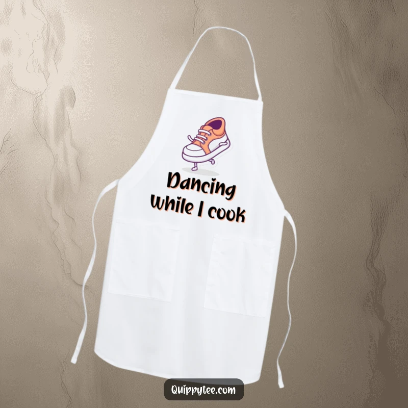Funny apron adorned with a tiny shoe character doing a silly dance, perfect for adding playful charm to kitchen tasks.
