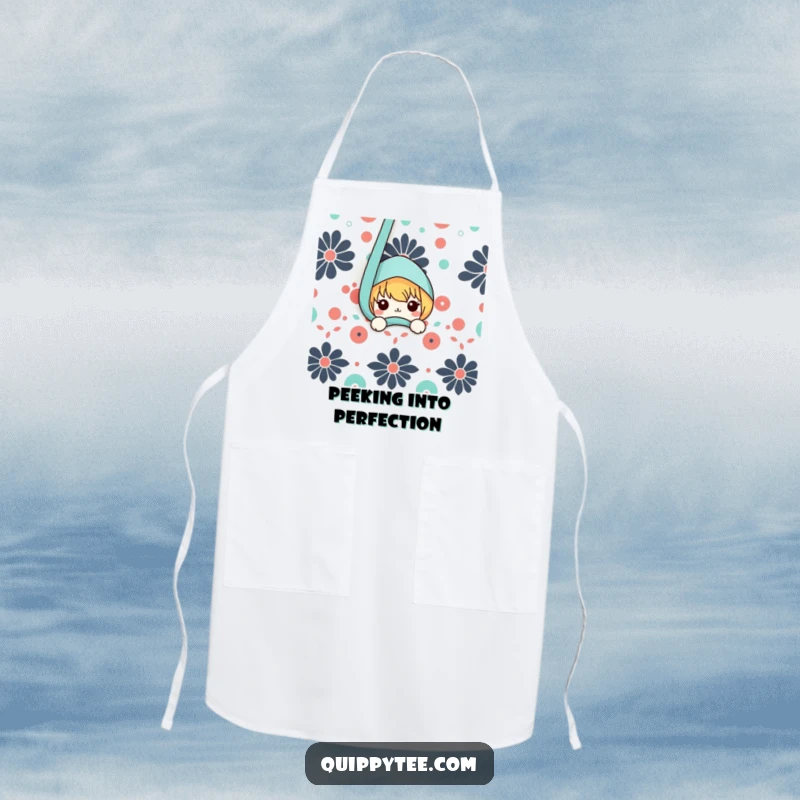 Funny apron featuring a cute kawaii character peeking from behind a patterned fabric, perfect for kitchen fun and culinary creativity.