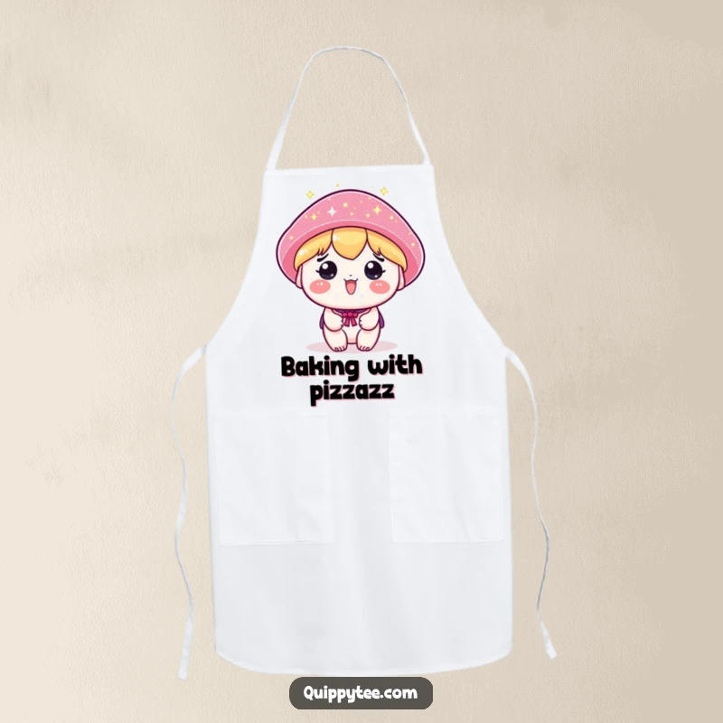 Funny apron featuring a kawaii character wearing a comically large, sparkly hat, ready to add sparkle to any cooking task.