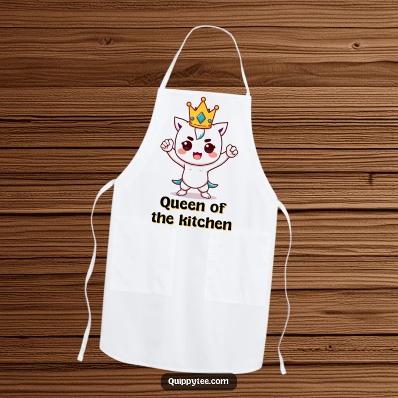 Funny kawaii character in a strong power pose, wearing a tiny crown, ideal for a kitchen apron with regal humor.