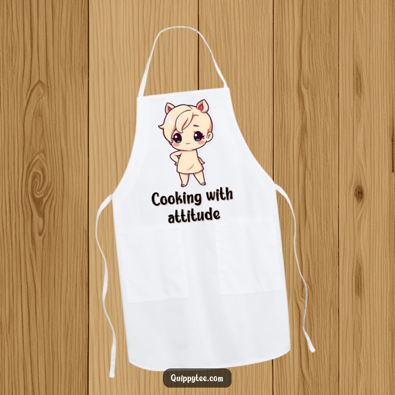 Funny apron with a cute Kawaii character striking a sassy pose with one hand on hip, ideal for a cook with confidence.