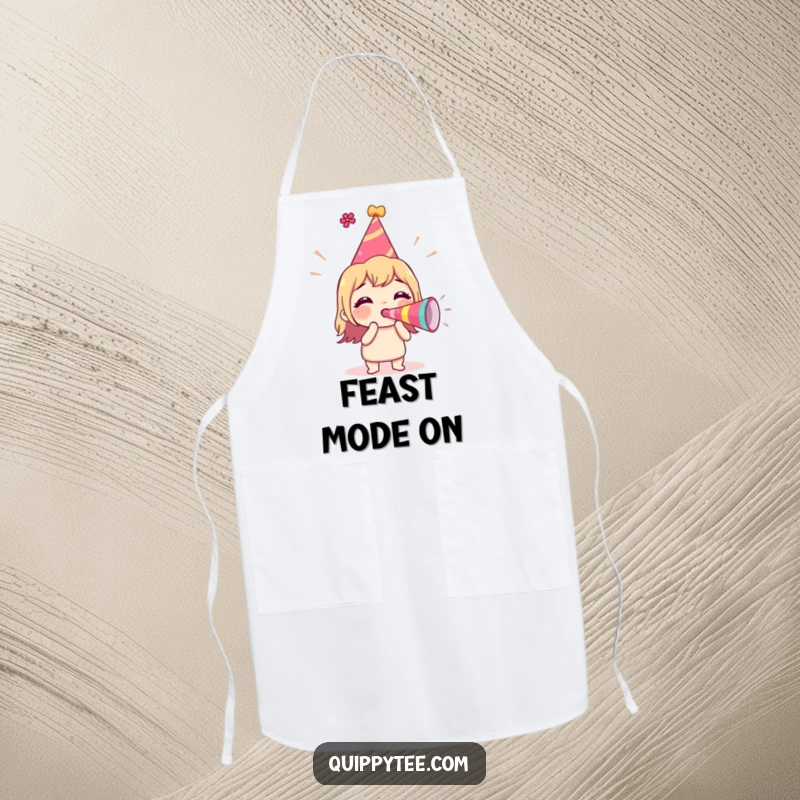 Funny Apron showcasing a character in a party hat, blowing a party horn with contagious excitement while cooking.