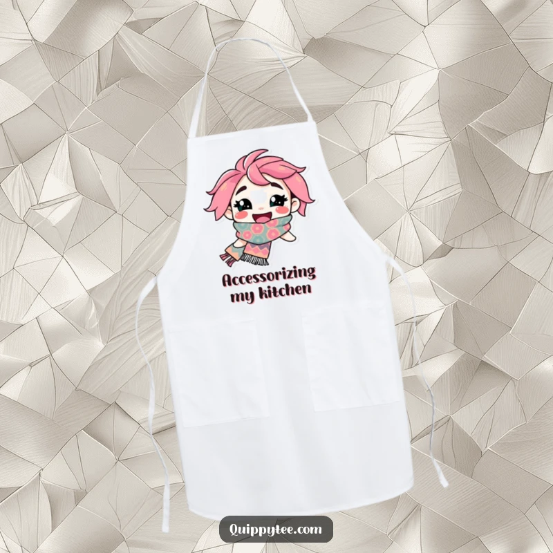 Funny Apron: A happy character with a wide smile is ready to cook, showcasing a spectacular, flamboyant patterned scarf.