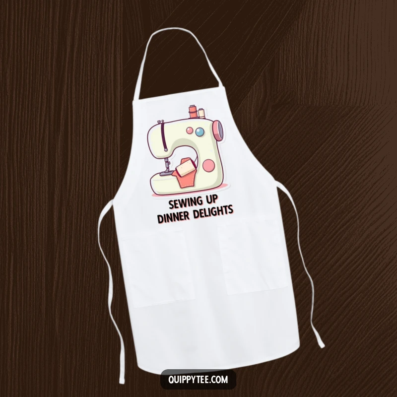 Funny apron depicting a content sewing machine and a smiling bobbin, ensuring a clean and humorous experience during creative crafting projects.