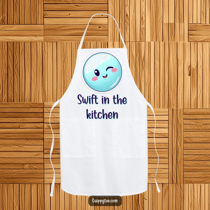 Funny winking button character energetically zipping across a seam, adding zest to this functional kitchen apron.