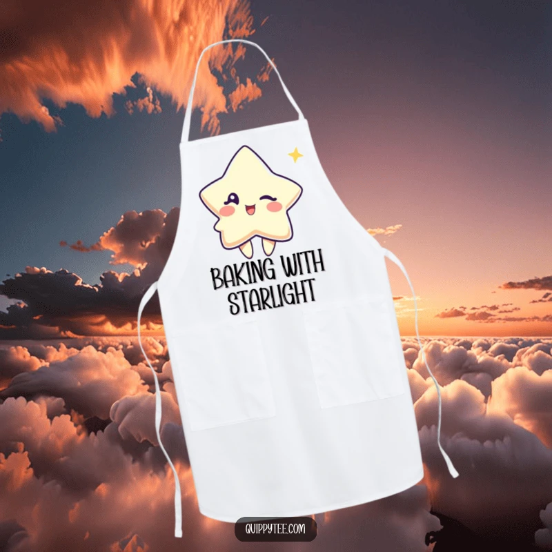Funny apron adorned with a cute star character winking playfully, perfect for adding cosmic charm to kitchen tasks.