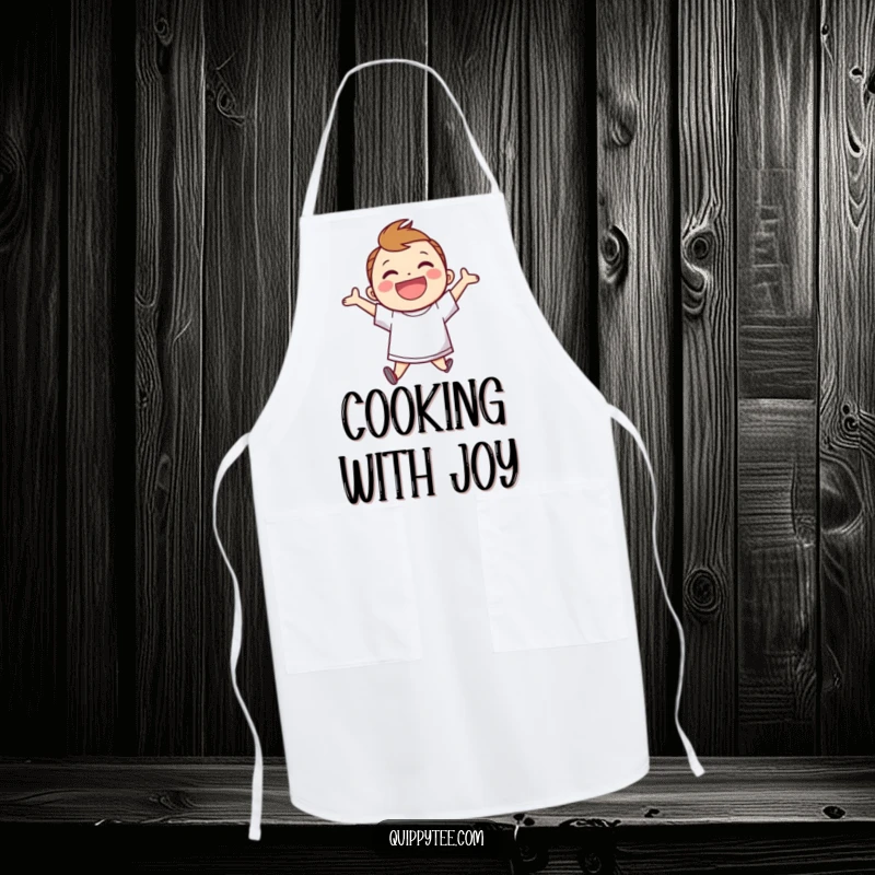 Funny Apron: Smiling character in a speech bubble shirt, jumping for joy, making cooking a happy and fun experience.