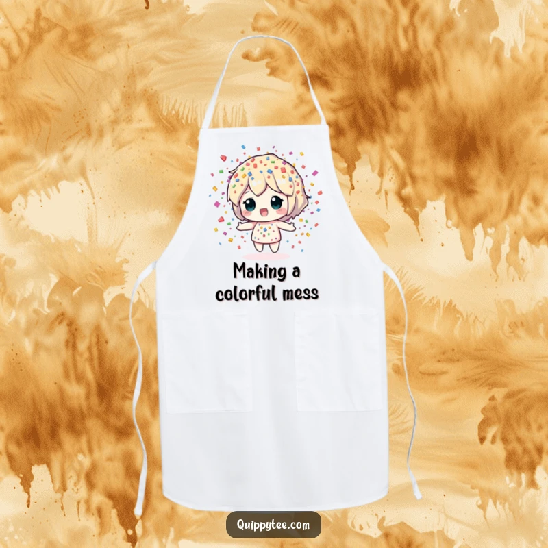 Funny Apron: A festive confetti sprite character showering colorful pieces, keeping you clean while adding playful kitchen flair.