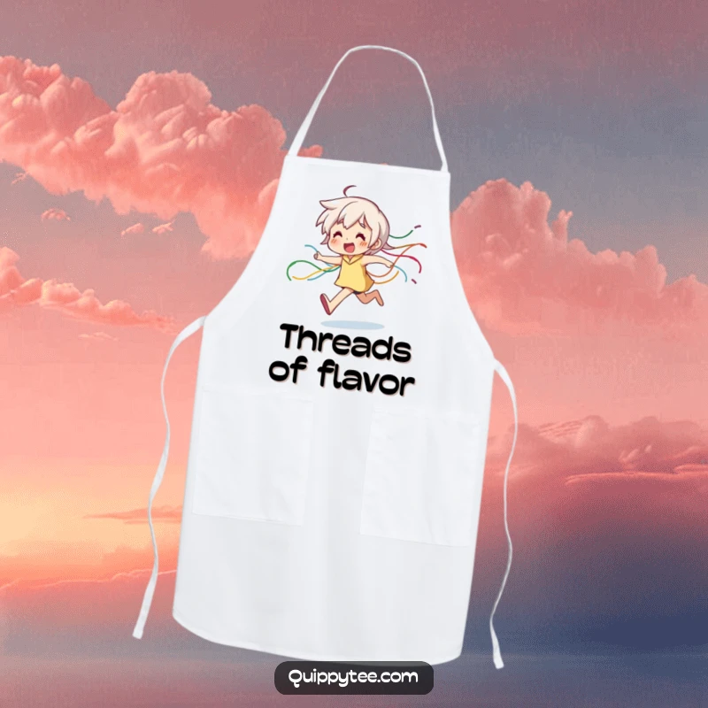 Funny Apron: A character happily runs, leaving a dynamic trail of colorful threads, designed for kitchen fun and protection.