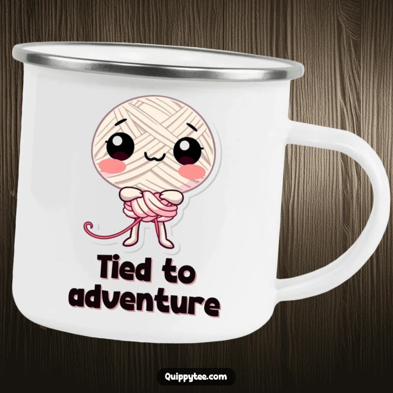 Funny happy thread character playfully tied in a knot, ready for adventure on this camping mug.