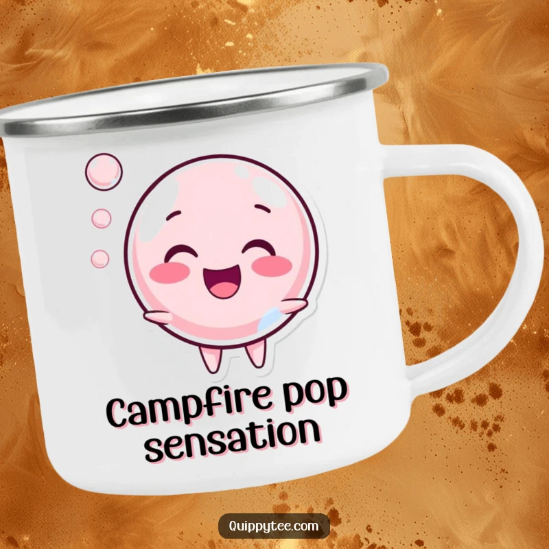 Funny Camping Mug: A happy bubble character popping with a sound, ready for outdoor fun and spreading cheerful vibes.