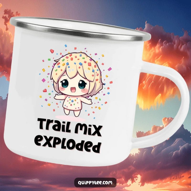 Funny Camping Mug: A vibrant confetti sprite showering colorful pieces, ready for adventures and bringing festive cheer outdoors.