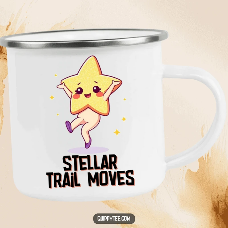 Funny Camping Mug: A glittering star character performing a cartwheel, ready for outdoor fun and spreading celestial sparkle.