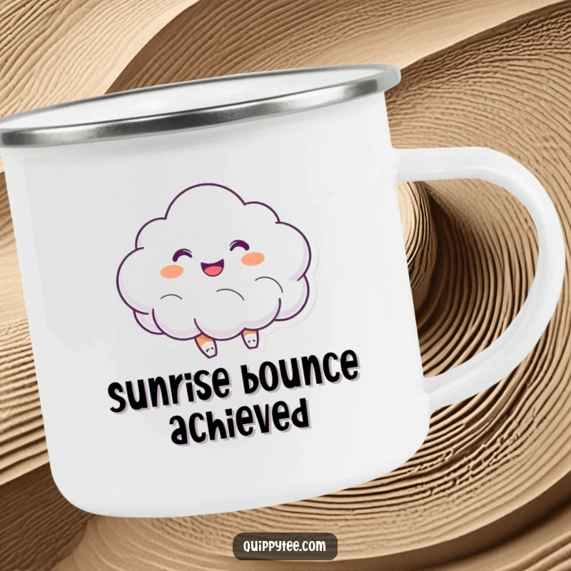 Funny camping mug with a smiling cloud character bouncing with joy, designed for cheerful outdoor adventures.