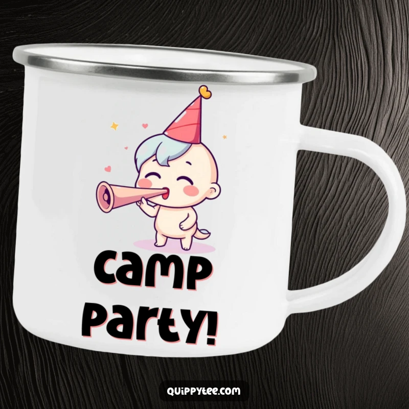 Funny Party Camping Mug: An excited character blows a party horn, perfect for enjoying drinks outdoors.