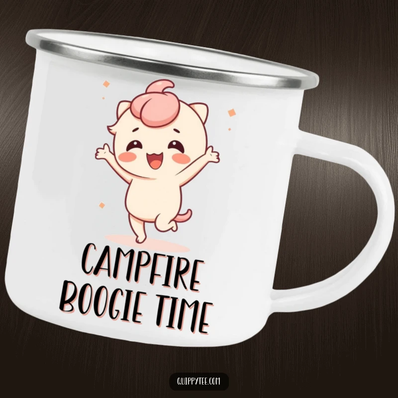 Funny camping mug featuring a cute kawaii character dancing energetically, perfect for bringing fun to outdoor adventures.