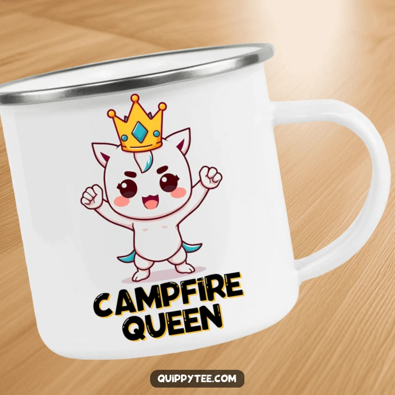 Funny kawaii character in a power pose with a tiny crown, ready for outdoor adventures on a durable enamel camping mug.