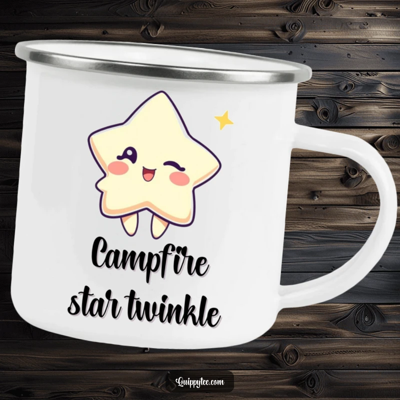 Funny camping mug with a cute star character winking playfully, designed for cheerful outdoor adventures and starry nights.