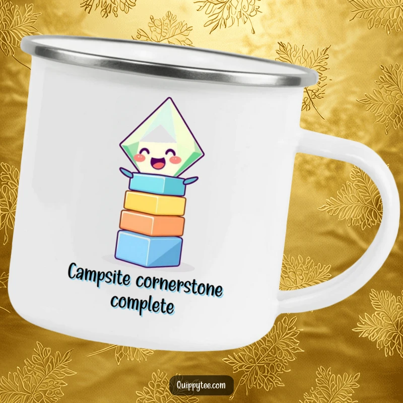 Funny camping mug with a giggling diamond character stacking colorful blocks, ideal for rugged adventures and cheerful sips.