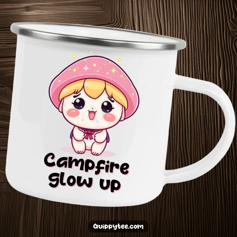 Funny camping mug featuring a kawaii character with a large, sparkly hat, ready for outdoor fun and festive moments.