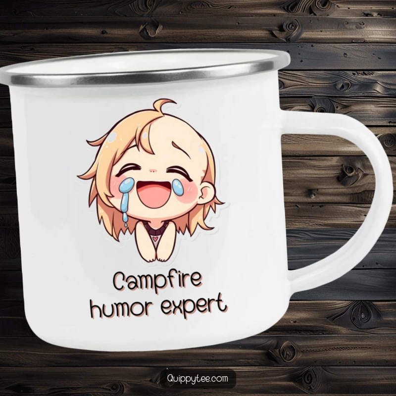Funny Camping Mug: A cat character is laughing heartily, tears of joy streaming, perfect for sharing laughs outdoors.