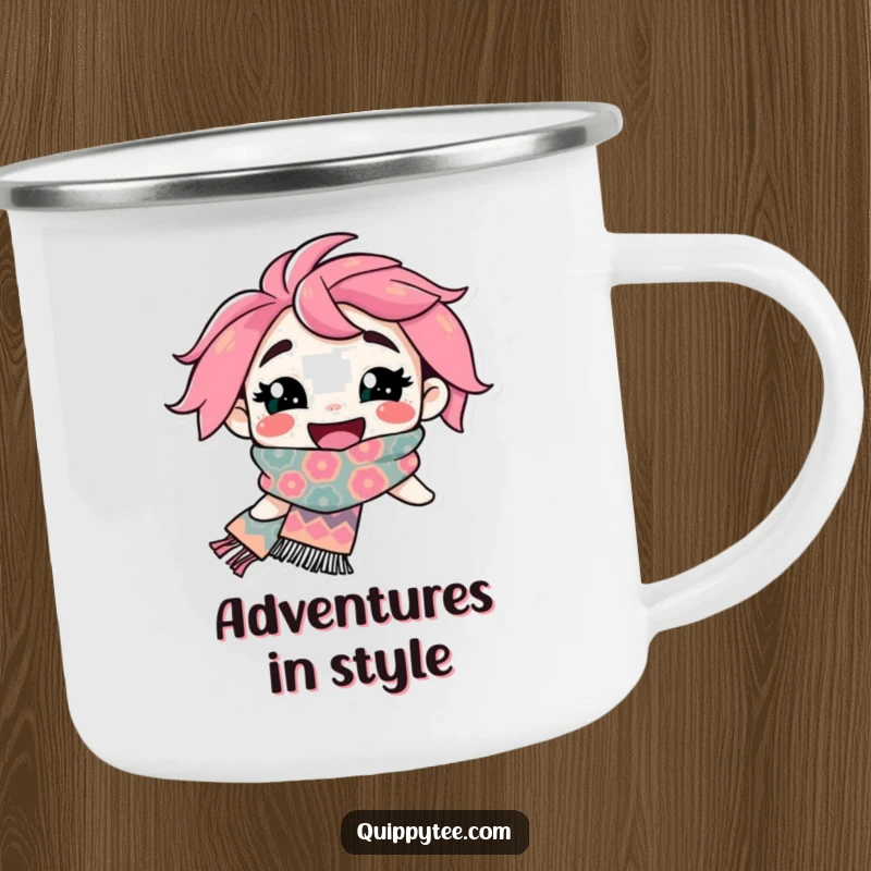 Funny Camping Mug: A smiling character showcases a flamboyant patterned scarf, ready for outdoor fun and warm drinks.