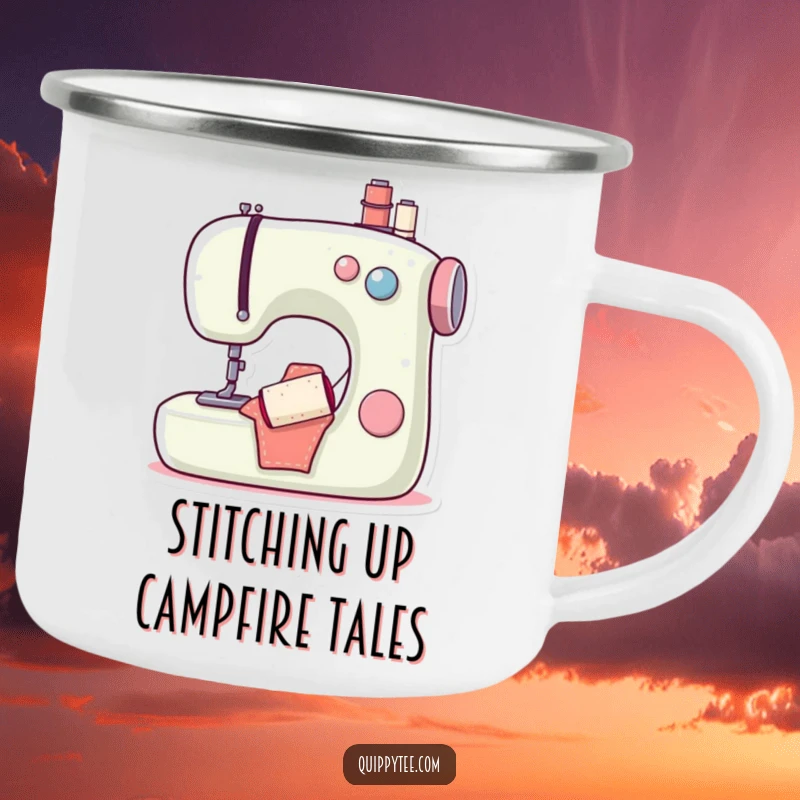 Funny camping mug with a content sewing machine and smiling bobbin, perfect for outdoor coffee breaks and humorous crafting sessions.