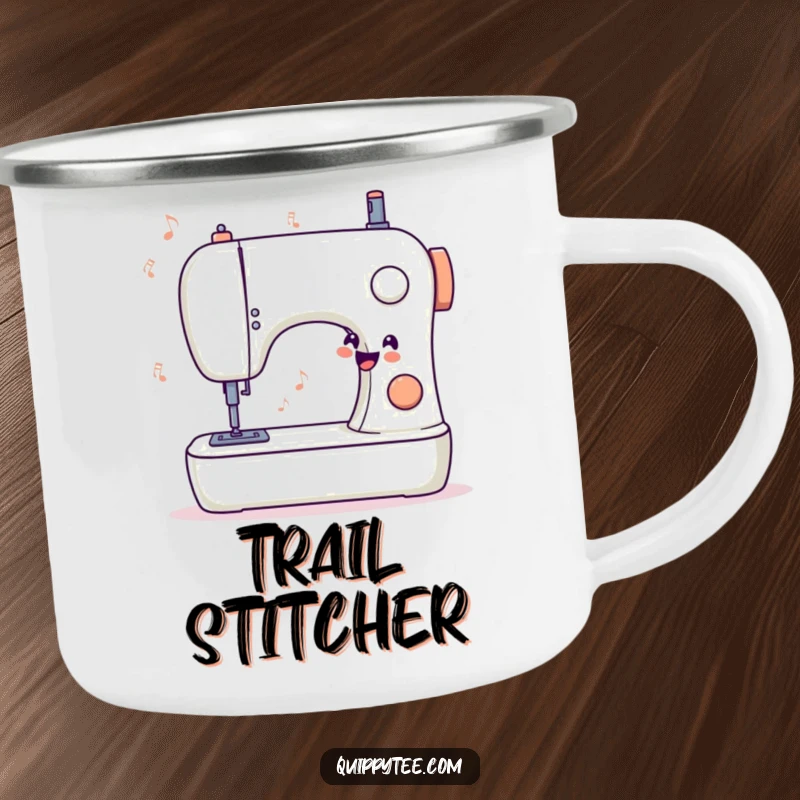 Funny camping mug showing a stylized sewing machine humming a happy tune, perfect for sewers who enjoy outdoor activities.