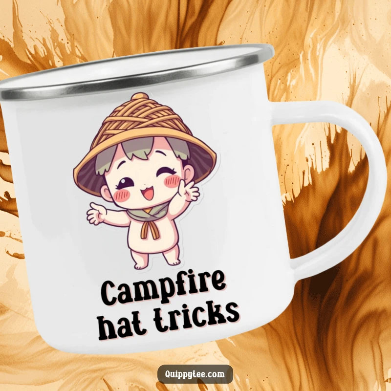 Funny Camping Mug: A character with a funny pose wears a hat made of interwoven threads, ready for outdoor brews.