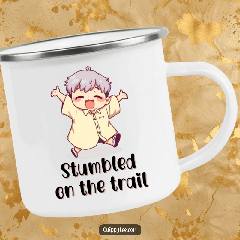 Funny camping mug with a cute kawaii character comically tripping while wearing a giant shirt, perfect for outdoor enthusiasts who love humor.