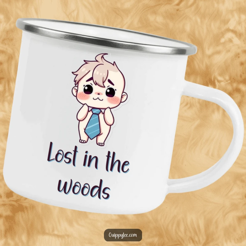 Funny kawaii character looking stressed and wearing an oversized tie, perfect for a durable enamel camping mug with relatable humor.