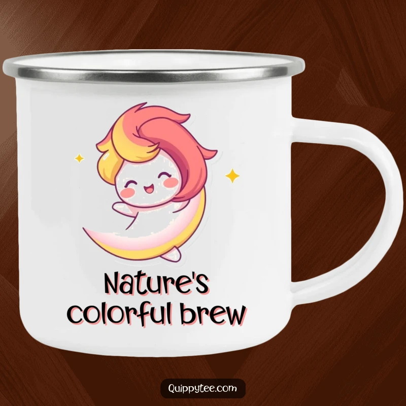 Funny Camping Mug: A vibrant rainbow swirl character twirling happily, perfect for cheerful outdoor enjoyment.