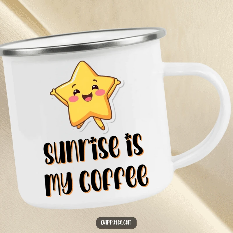 Funny Camping Mug: A smiling star character jumping with enthusiasm, perfect for cheerful outdoor enjoyment.