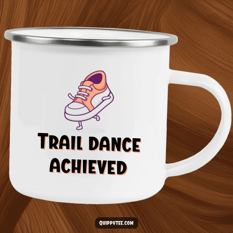 Funny camping mug with a tiny shoe character doing a silly dance, designed for cheerful outdoor adventures and fun.