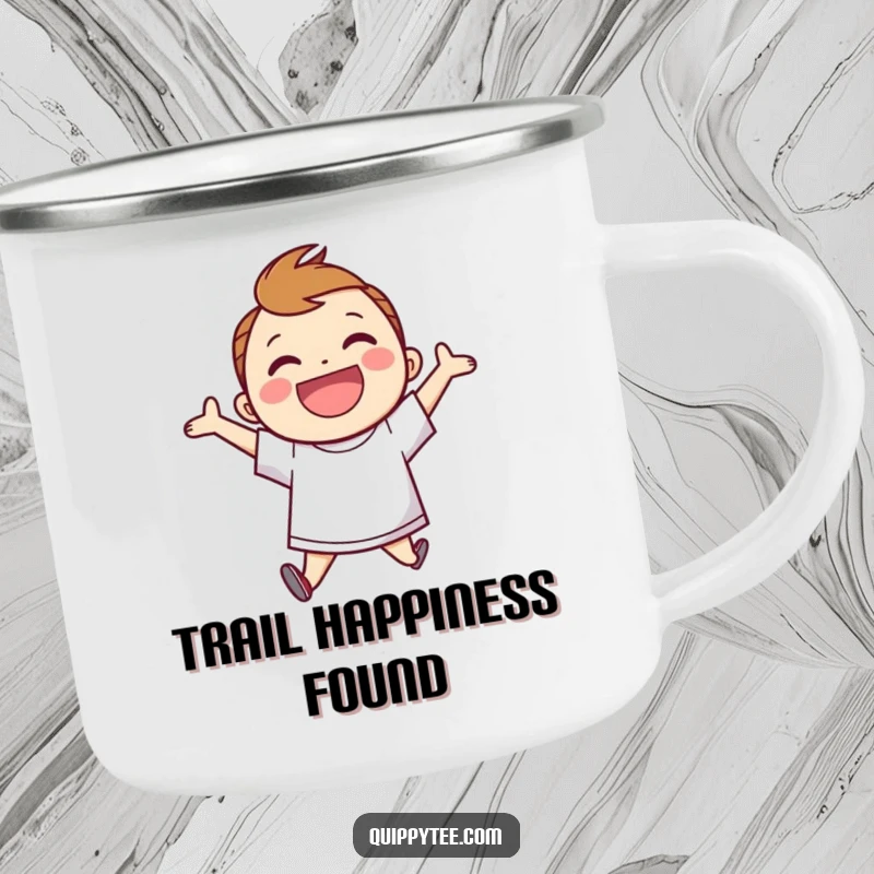 Funny Camping Mug: Smiling character in a speech bubble shirt, jumping for joy, perfect for adding cheer to outdoor drinks.