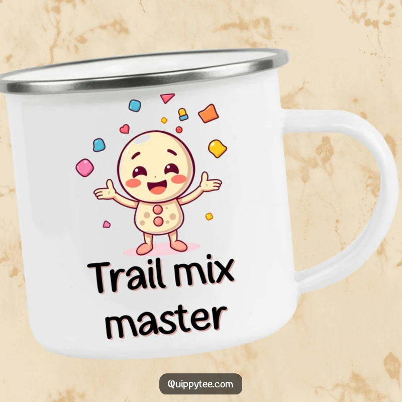 Funny camping mug with a cheerful button character juggling colorful shapes, designed for outdoor fun and spirited hydration.