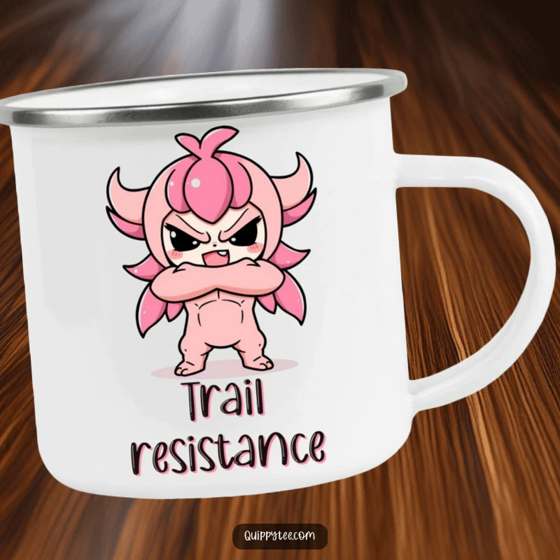 Funny camping mug featuring a cute Kawaii character in a defiant pose with crossed arms, adding adorable attitude to camp brews.
