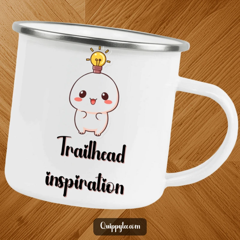 Funny camping mug featuring a cute kawaii character with a glowing lightbulb, perfect for sparking ideas in the outdoors.
