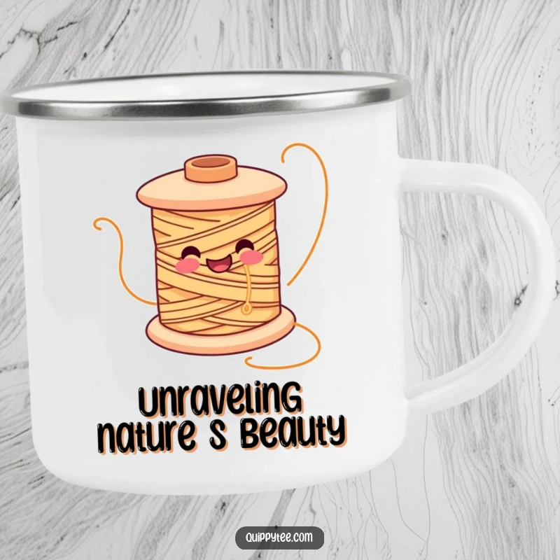 Funny camping mug featuring a smiling spool of thread character unwinding, symbolizing happy crafting adventures.