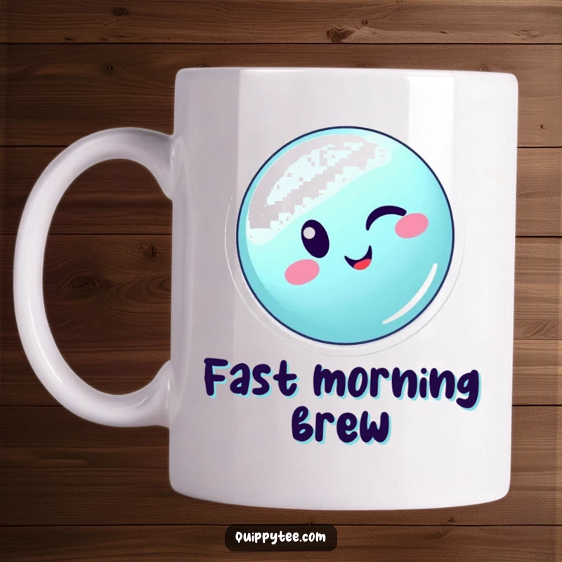 Funny winking button character energetically zipping across a seam, conveying speed and cheerfulness on this mug.