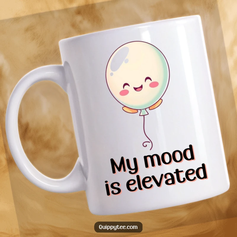 Funny mug showing a pastel balloon character floating upwards cheerfully, symbolizing joy and lightness.