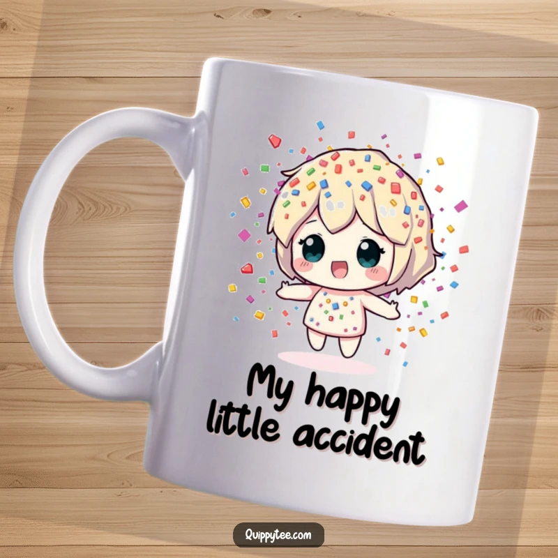 Funny Mug: Confetti sprite character joyfully showers colorful confetti pieces, spreading happiness and a playful, festive vibe.