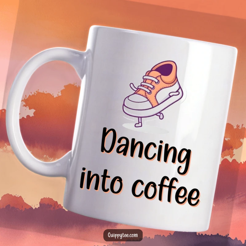 Funny mug featuring a tiny shoe character enthusiastically doing a silly, energetic dance, radiating pure fun.
