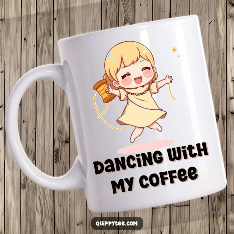 Funny mug with a character joyfully dancing with a spool of shimmering thread, celebrating creativity and crafting.