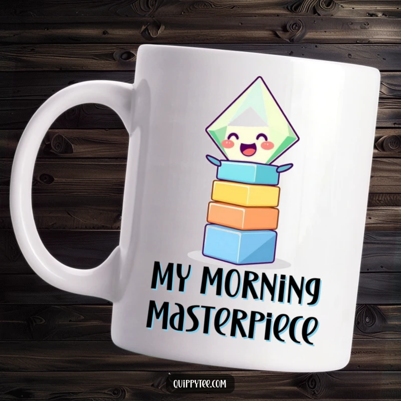 Funny mug featuring a giggling diamond character enthusiastically stacking colorful blocks, showcasing pure joy and playful concentration.