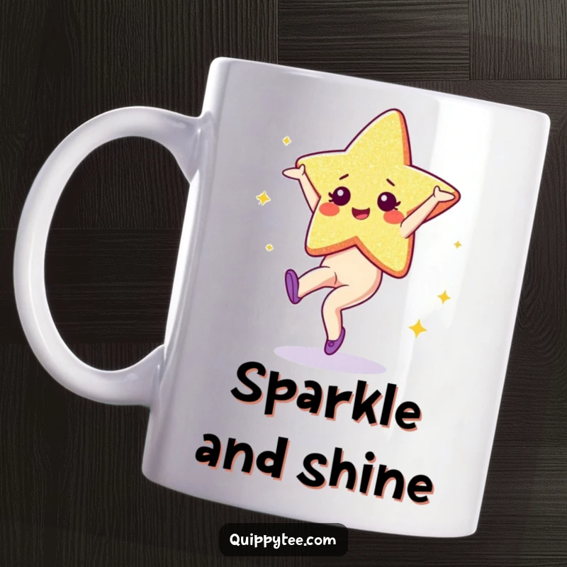 Funny Mug: A sparkling glitter star character energetically performing a cartwheel, radiating joy and playful movement.